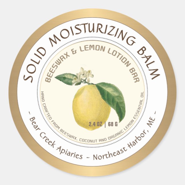 Citron Parfumé cire d'abeille Lotion Bar étiquette (Devant)