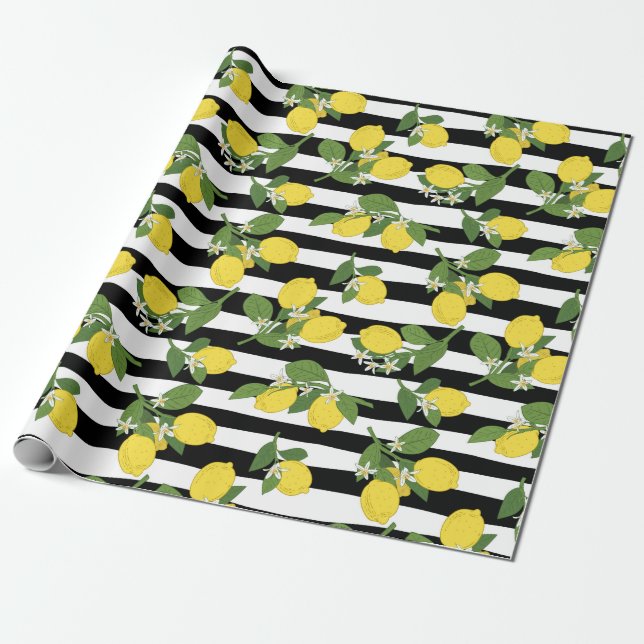 Citrons citron Jaune Bandes Noires Papier cadeau (Déroulé)