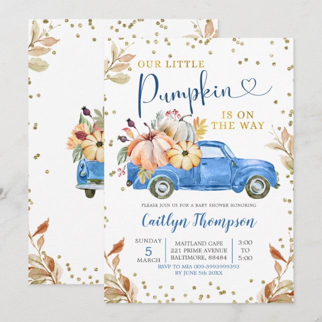 Citrouille bleu Baby shower de camion Invitation (Devant / Derrière)