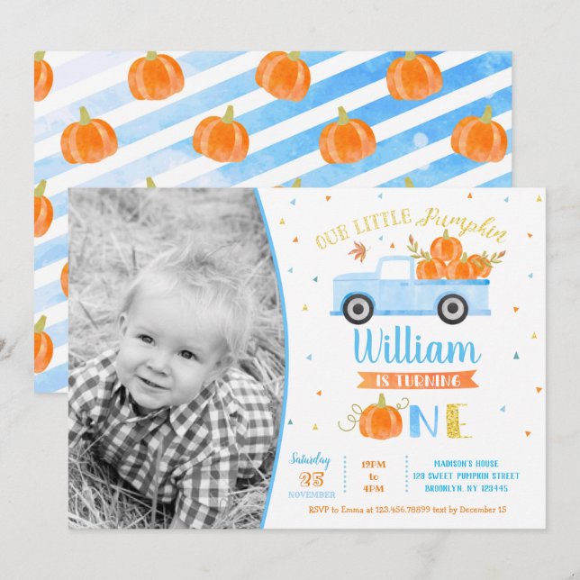Citrouille Blue Truck First Birthday Invitations G (Devant / Derrière)