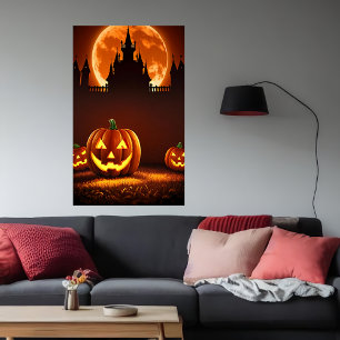 Citrouille, château et lune AI Art Poster