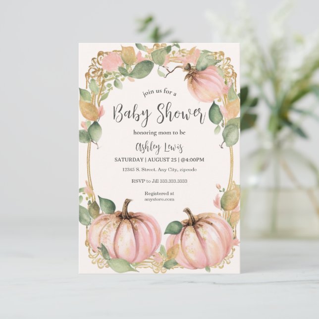 Citrouille d'automne Baby shower invitation rose c (Debout devant)