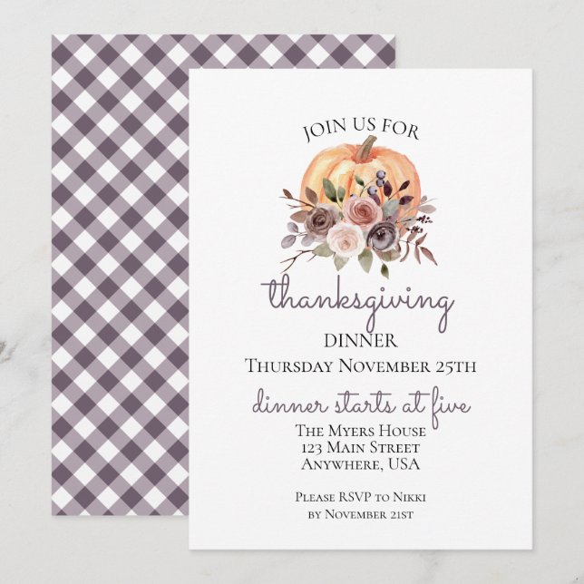Citrouille Floral Thanksgiving Dîner Invitation (Devant / Derrière)