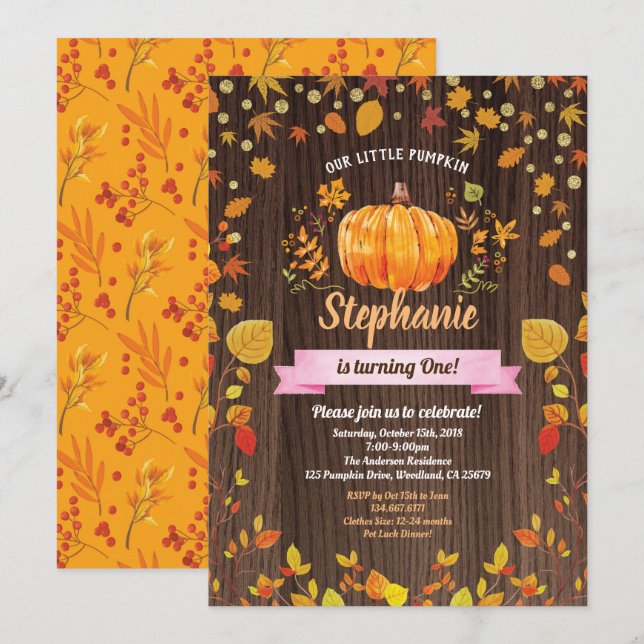 Citrouille invitation d'anniversaire. Premier anni (Devant / Derrière)