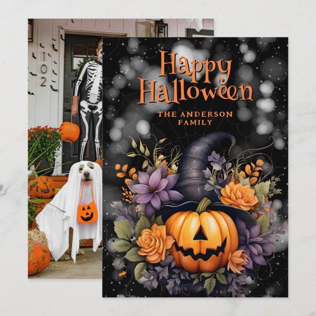 Citrouille portant une carte d'Halloween florale C (Devant / Derrière)