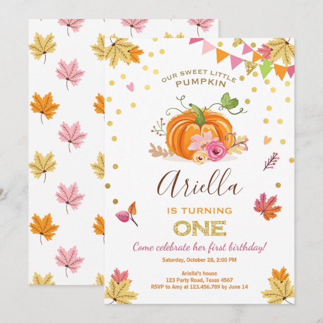 Citrouille Première invitation anniversaire Automn (Devant / Derrière)