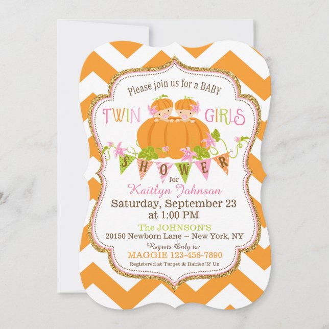 Citrouille Twin Girls Fall Baby Shower Invitations (Devant)
