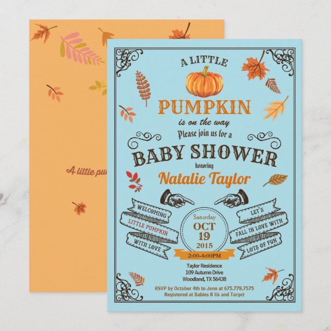 citrouille Vintage petit garçon invitation bleue (Devant / Derrière)