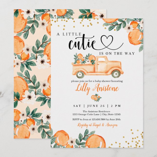 Citrus Baby Shower Botanical Orange Kleine Süsse Einladung (Vorne/Hinten)
