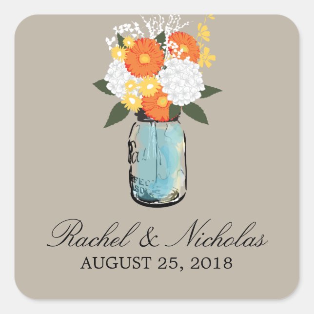 Citrus Bloom Mason Jar | Hochzeit Quadratischer Aufkleber (Vorderseite)