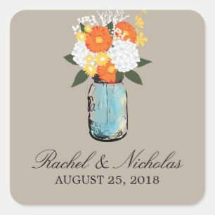 Citrus Bloom Mason Jar   Hochzeit Quadratischer Aufkleber