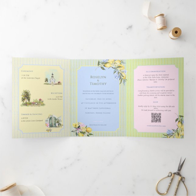 Citrus Blue Watercolor Illustration Wedding Dreifach Gefaltete Einladung (Innenseite)