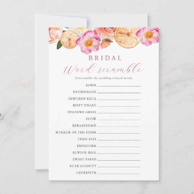 Citrus Blume Bloom Bridal Word Scramble Game Card Einladung (Vorderseite)