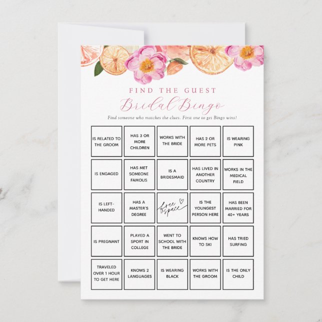Citrus Blume Finden Bridal Bingo Game Card Einladung (Vorderseite)