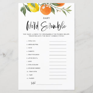 Citrus Botanical Baby Dusche Word Scramble Game