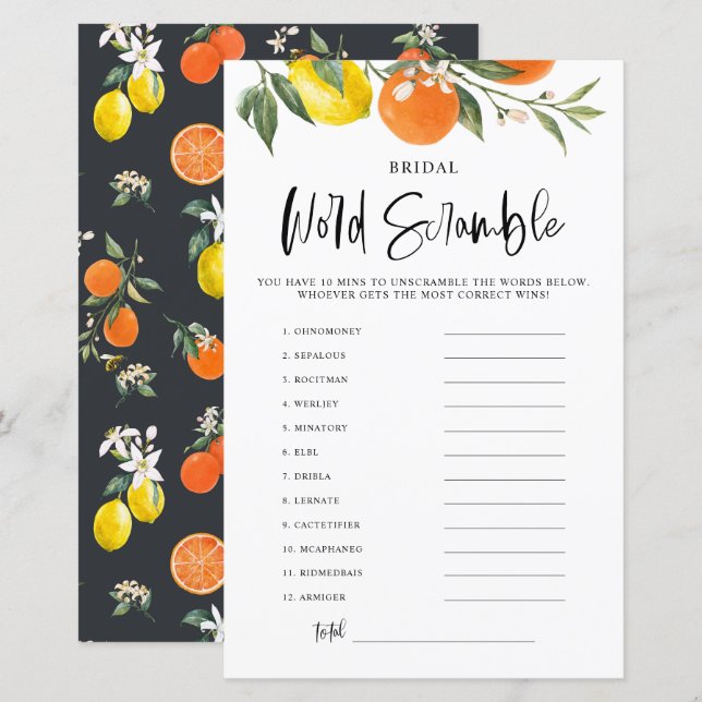 Citrus Botanical Brautparty Word Scramble Game (Vorne/Hinten)