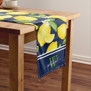 Citrus Botanical Lemon Elegant Monogram Navy Großer Tischläufer