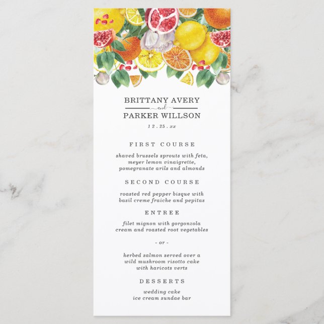 Citrus Botanical Wedding Menu Menükarte (Vorderseite)