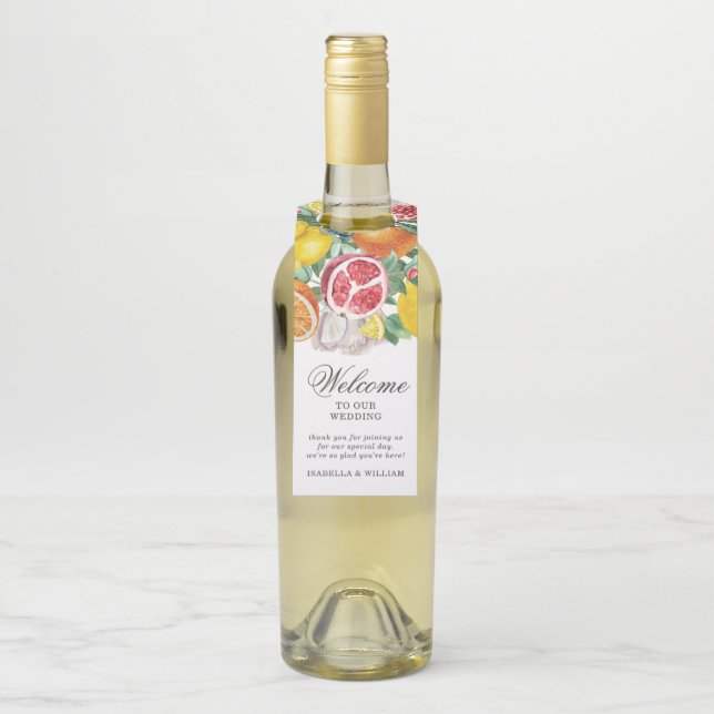 Citrus Botanical Wedding Willkommen Flaschenanhänger (Auf Flasche)