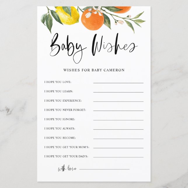 Citrus Botanical Wunsche für Baby-Duschkarte (Vorderseite)