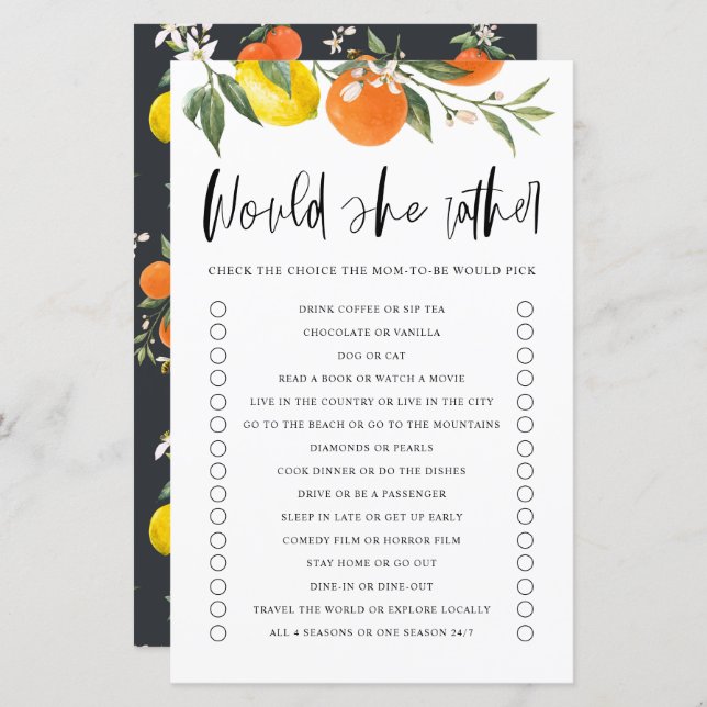 Citrus Botanical würde sie eher Baby Dusche Spiel (Vorne/Hinten)