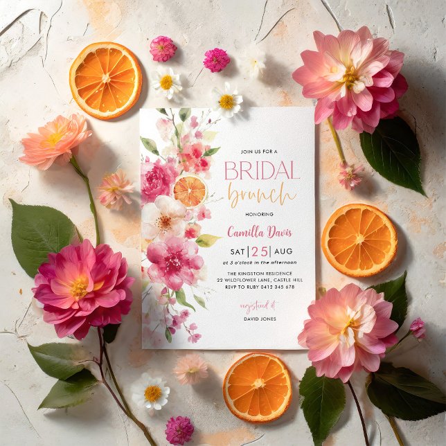 Citrus Bridal Brunch, Lemon Bright Floral Einladung (Citrus Orange Bridal Brunch Invitation with bright florals and pink & orange details. Mediterranean)