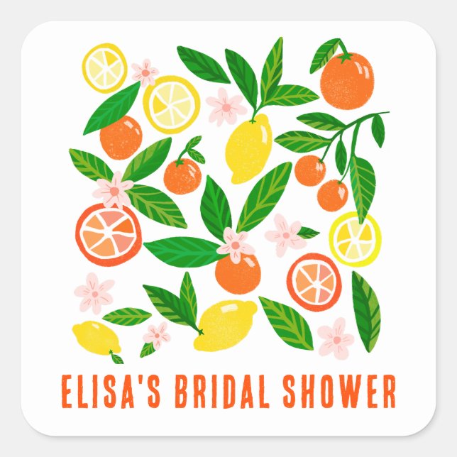 Citrus Celebration Bright Custom BRIDAL SHOWER  Quadratischer Aufkleber (Vorderseite)