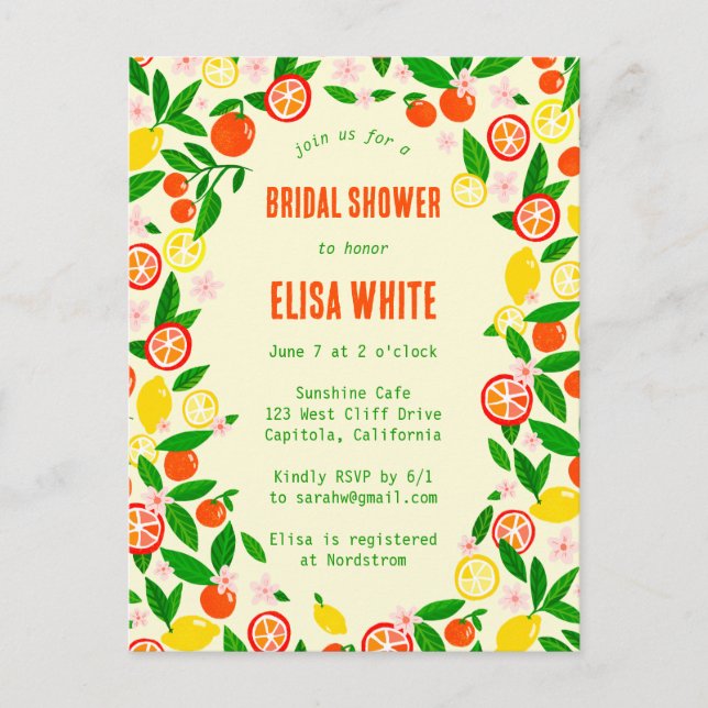 Citrus Celebration CUSTOM Summer BRIDAL SHOWER Einladungspostkarte (Vorderseite)
