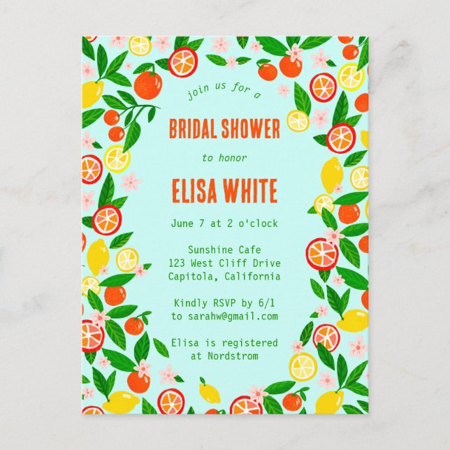 Citrus Celebration CUSTOM Summer BRIDAL SHOWER Einladungspostkarte (Vorderseite)