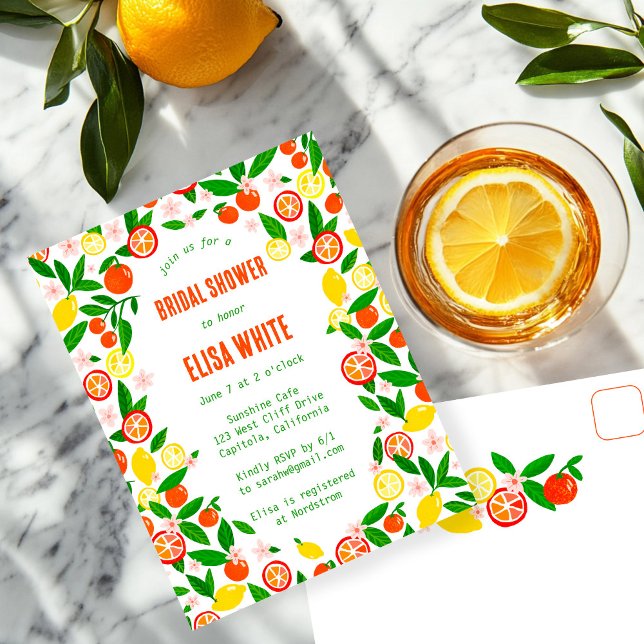 Citrus Celebration CUSTOM Summer BRIDAL SHOWER Einladungspostkarte (Citrus Celebration CUSTOM Summer Hand-drawn BRIDAL SHOWER Party Invitation Postcard
)