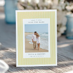Citrus | Classic Pinstripe Photo Wedding Save The Date<br><div class="desc">Announce your upcoming wedding with these elegant save the date cards by Redwood and Vine Design Co, featuring a vertical photo against a classic preppy pinstripe background in citrusy yellow green and crisp white. Customize the back with additional text and a custom QR code leading to your wedding website for...</div>