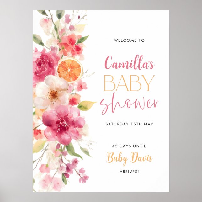 Citrus Floral Baby Dusche Begrüßungszeichen Plakat (Vorne)