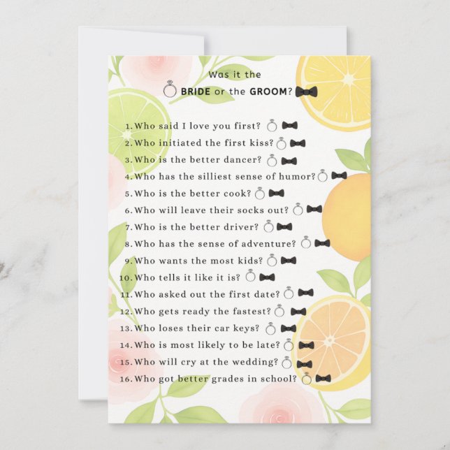 Citrus Floral Brautparty Game Einladung (Vorderseite)