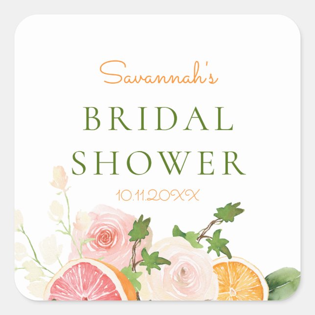 Citrus Floral Brautparty Theme Candle Label Quadratischer Aufkleber (Vorderseite)
