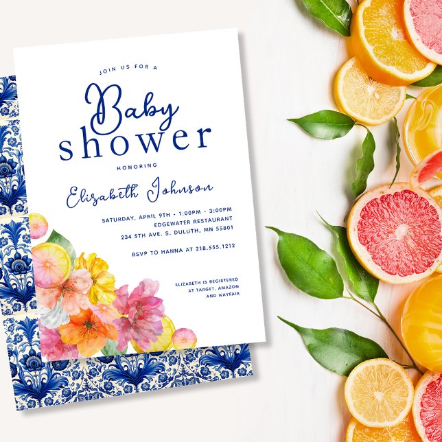 Citrus Floral Lemon Blue Tile Baby Dusche Einladung (Citrus Floral Lemon Blue Tile Baby Shower Invitation)