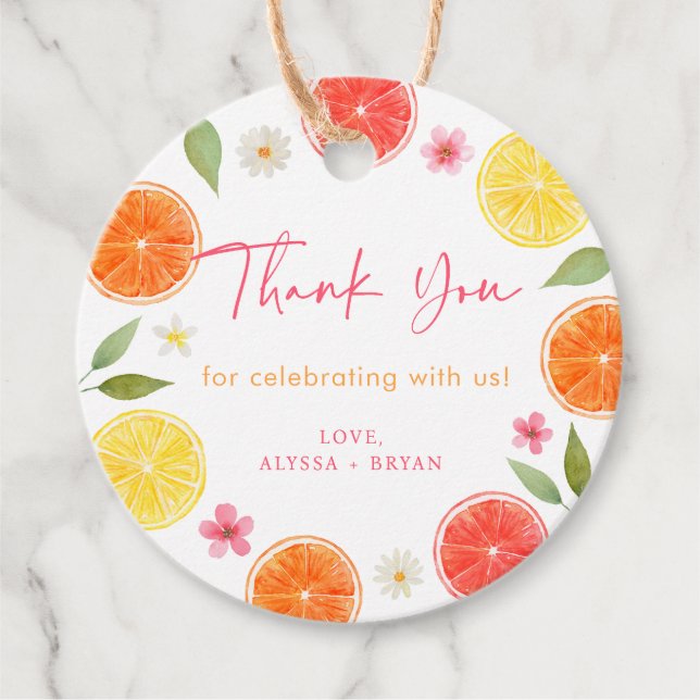 Citrus Floral Lemon Orange Brautparty Geschenkanhänger (Vorderseite)