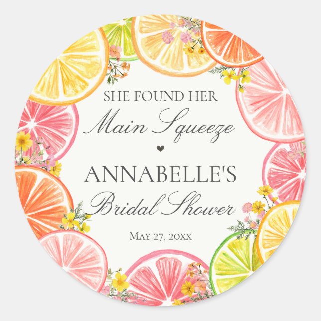 Citrus Floral Main Squeeze Brautparty Favoriten Runder Aufkleber (Vorderseite)