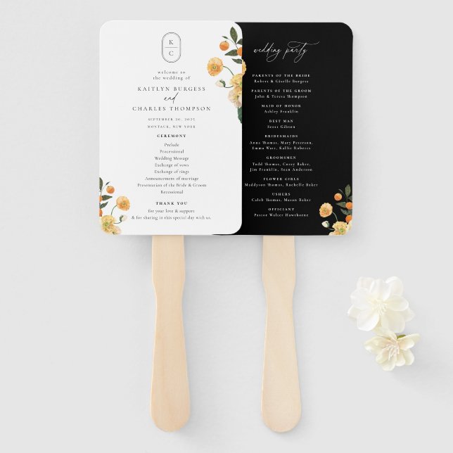 Citrus Floral Monogram Wedding Program Fächer (Vorne und Hinten)