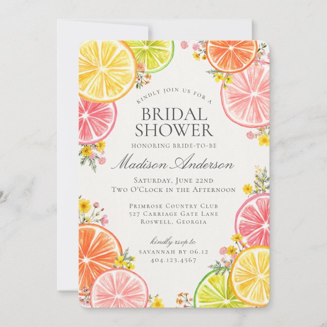 Citrus Floral Orange Brautparty Einladung (Vorderseite)