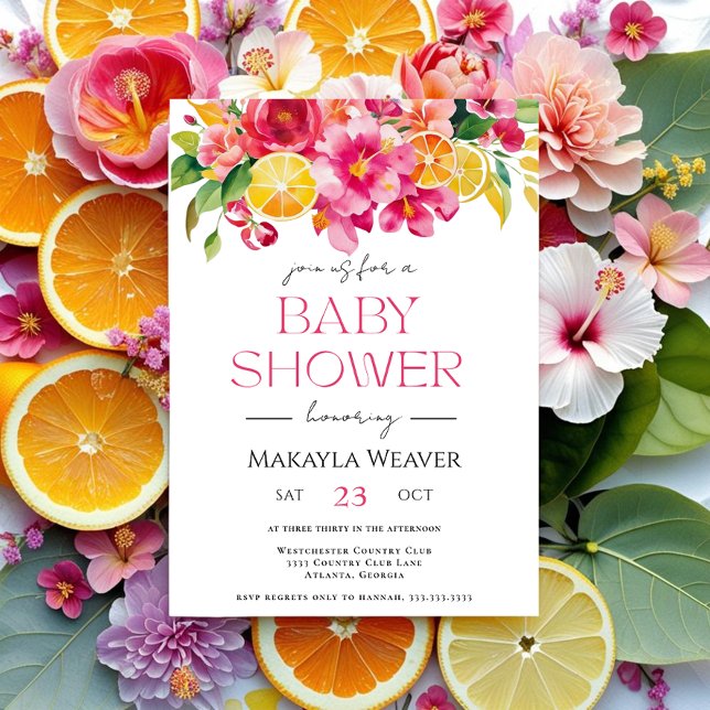 Citrus Floral Pink Orange Süsse Lemon Baby Dusche Einladung (Von Creator hochgeladen)