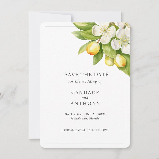Citrus Floral Wedding Save the Date Einladung (Vorderseite)
