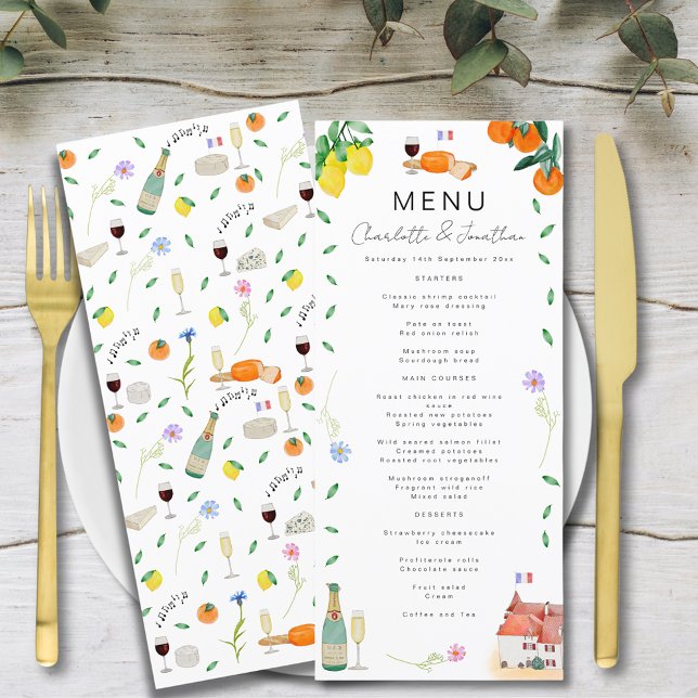 Citrus French Boho Wedding Menükarte (French citrus boho watercolor wedding menu with wine and french cheese, musical notes, florals )