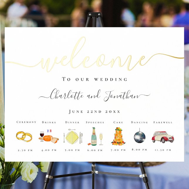 Citrus French Wedding Timeline Gold Foil Foliendrucke (French citrus wedding timeline chart gold foil watercolor poster)