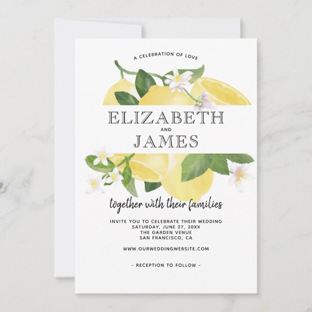Citrus Fresh Lemon Yellow Summer Wedding Einladung (Vorderseite)