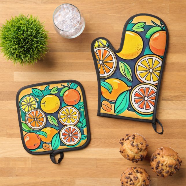Citrus Fruit Art Design Ofenhandschuh & Topflappen-Set (Oben Unten)
