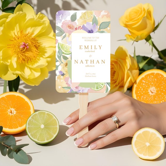 Citrus Fruit & Florals Wedding Watercolor Programm Fächer (Citrus Fruit & Florals Wedding Watercolor Program Hand Fan)