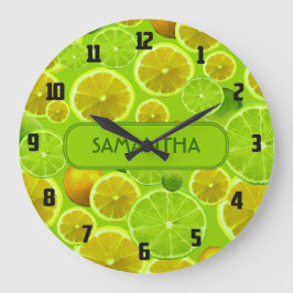 Citrus Fruit, Lemon & Lime Pattern - Personalized Große Wanduhr