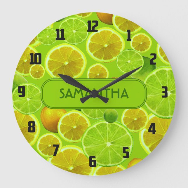 Citrus Fruit, Lemon & Lime Pattern - Personalized Große Wanduhr (Vorderseite)