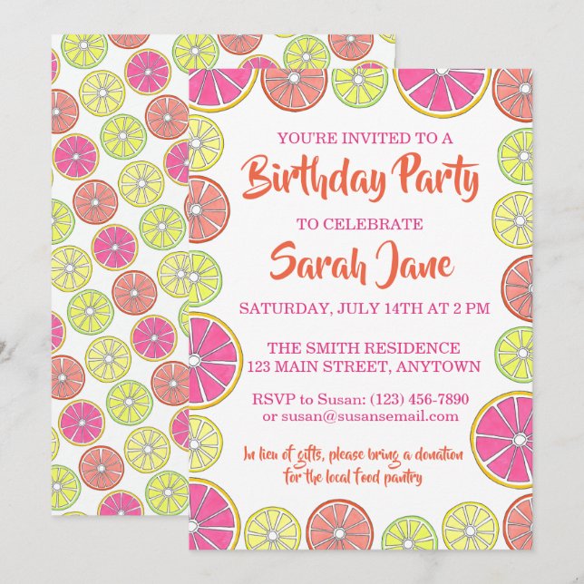 Citrus Fruit Lemon Limon Orange Grapefruit Party Einladung (Vorne/Hinten)