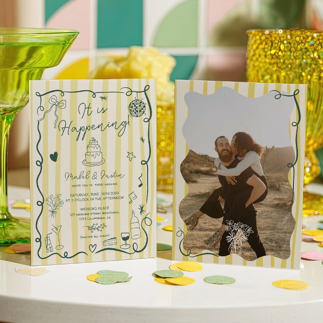 Citrus Green hand drawn Stripes photo wedding Einladung (Citrus Green hand drawn Stripes photo wedding Invitation)